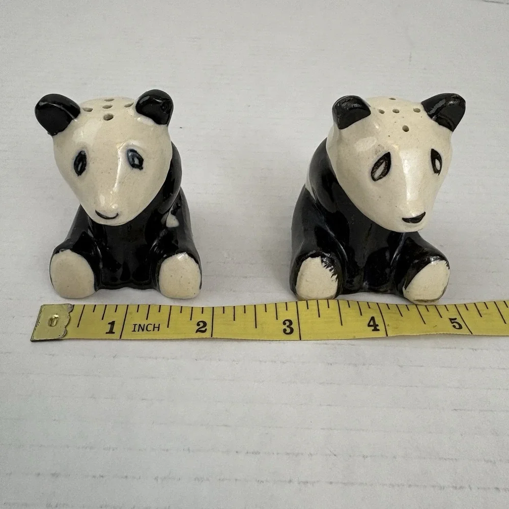 Vintage Pottery Panda Bear Salt Pepper Shakers Black Cream Cork Stoppers